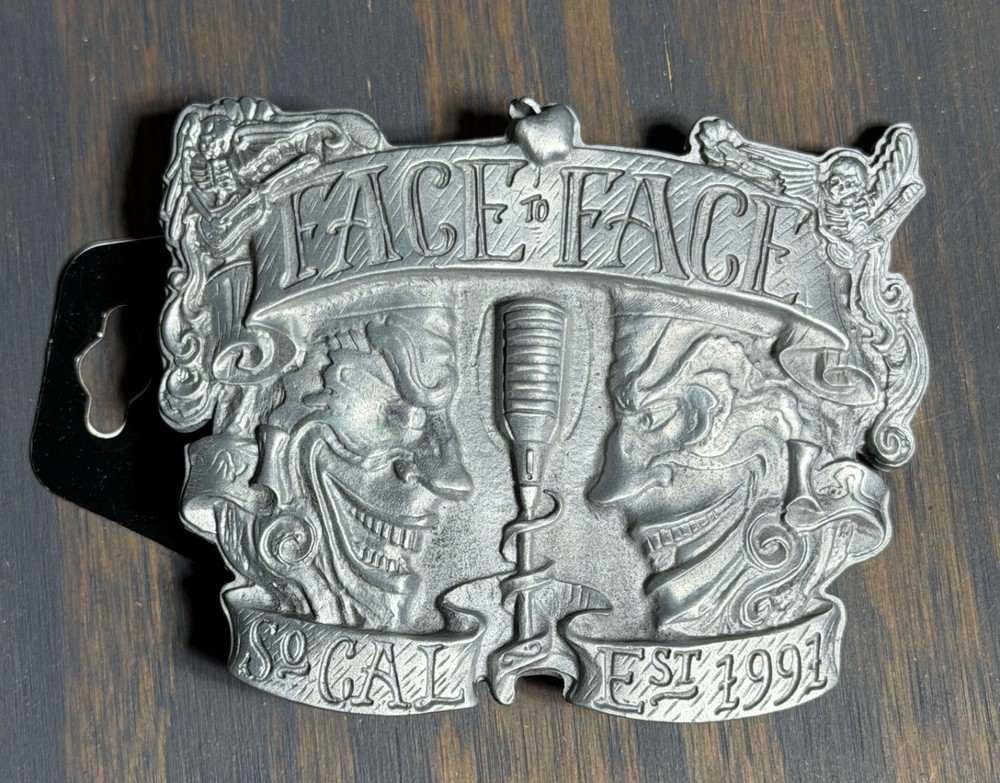 NOS Y2K Lucky 13 Apparel Metal Belt Buckle Face To Face Tattoo Bottle Opener