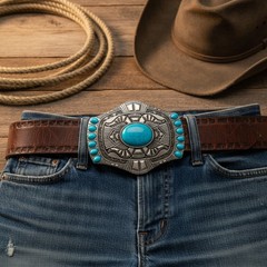 Men Women Silver Metal Big Belt Buckle Southwestern Ethnic Turquoise Blue Beads