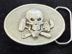 Mechanic Skull Crossed Wrench Hammer Tool Solid Fine Pewter Belt Buckle