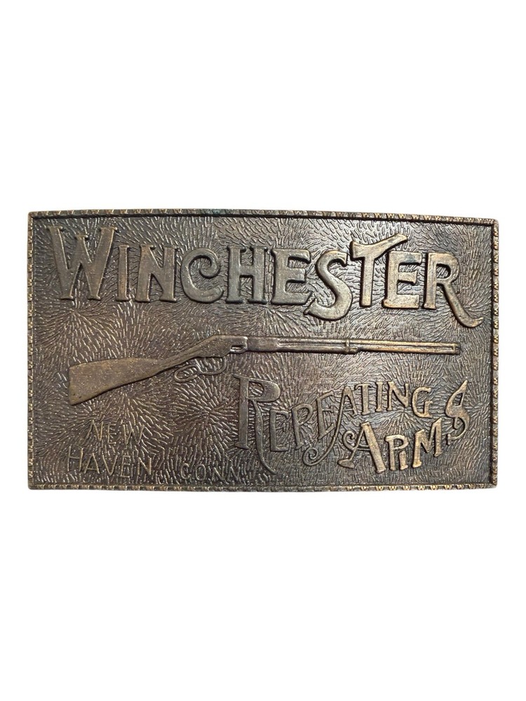 Vintage Brass Belt Buckle Winchester Repeating Arms New Haven Conn. Rifle Guns