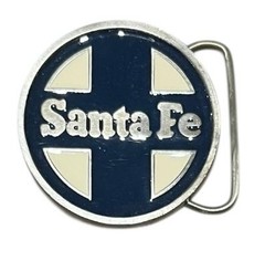 Santa Fe Railway Belt Buckle 2.5&Prime; Round Silver Navy Cream Enamel Train Logo