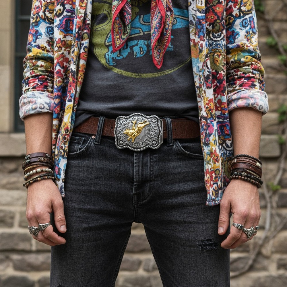 Men Women Belt Buckle Silver Metal Western 3D Rodeo Gold Bull Rider Casual Look