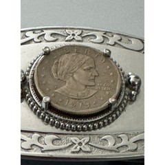 Vintage 1979 Susan B Anthony Dollar Coin Belt Buckle Silver Tone Western Scroll