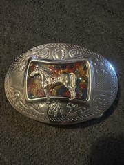 Vintage 1980s Chambers Belt Co Western Horse Belt Buckle Mosaic Glitter Enamel