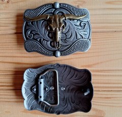 Long horns bull skull head western metal & bronze belt buckle (choice designs)
