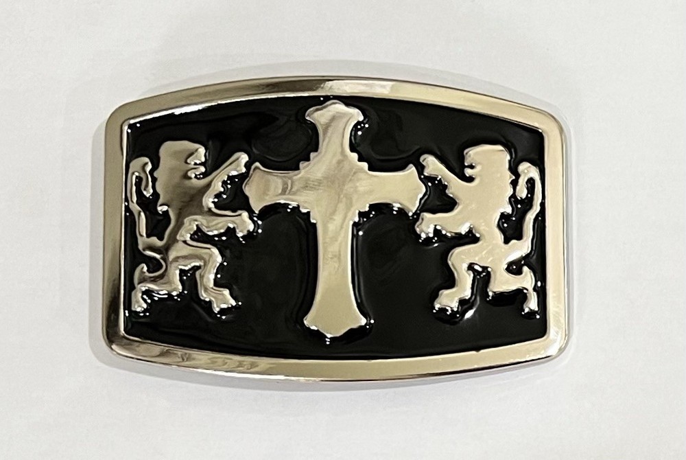 Mens Belt Buckle Black Silver With Double Lions and Cross 4×3” Vintage