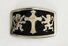 Mens Belt Buckle Black Silver With Double Lions and Cross 4×3” Vintage