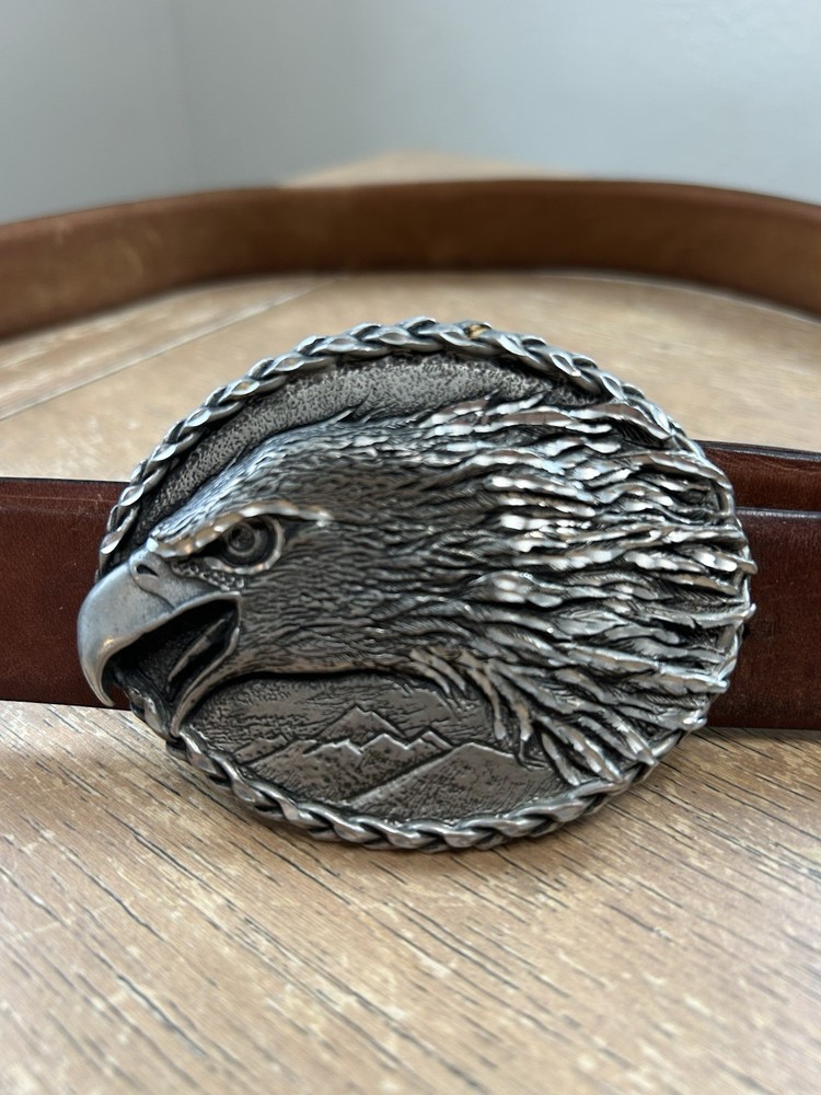 Nickel Screaming Eagle Belt Buckle w/Brown Leather Belt Size 36 Western Cowboy