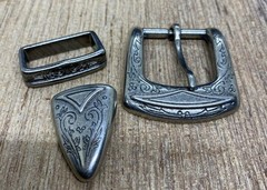 Silver tone Western Floral Scrolls Engraved Belt Buckle Three Piece Set Unisex