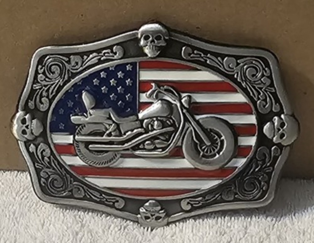 MOTORCYCLE AMERICAN FLAG USA SKULL BIKER RODEO COWBOY WESTERN BELT BUCKLE