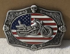 MOTORCYCLE AMERICAN FLAG USA SKULL BIKER RODEO COWBOY WESTERN BELT BUCKLE
