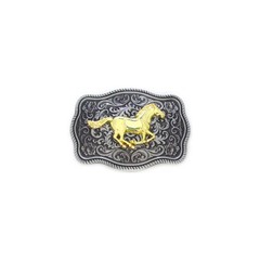 1 1/2&Prime; Vintage Silver Western Buckle w/Gold Horse and Floral Background. 3 3/8&Prime;
