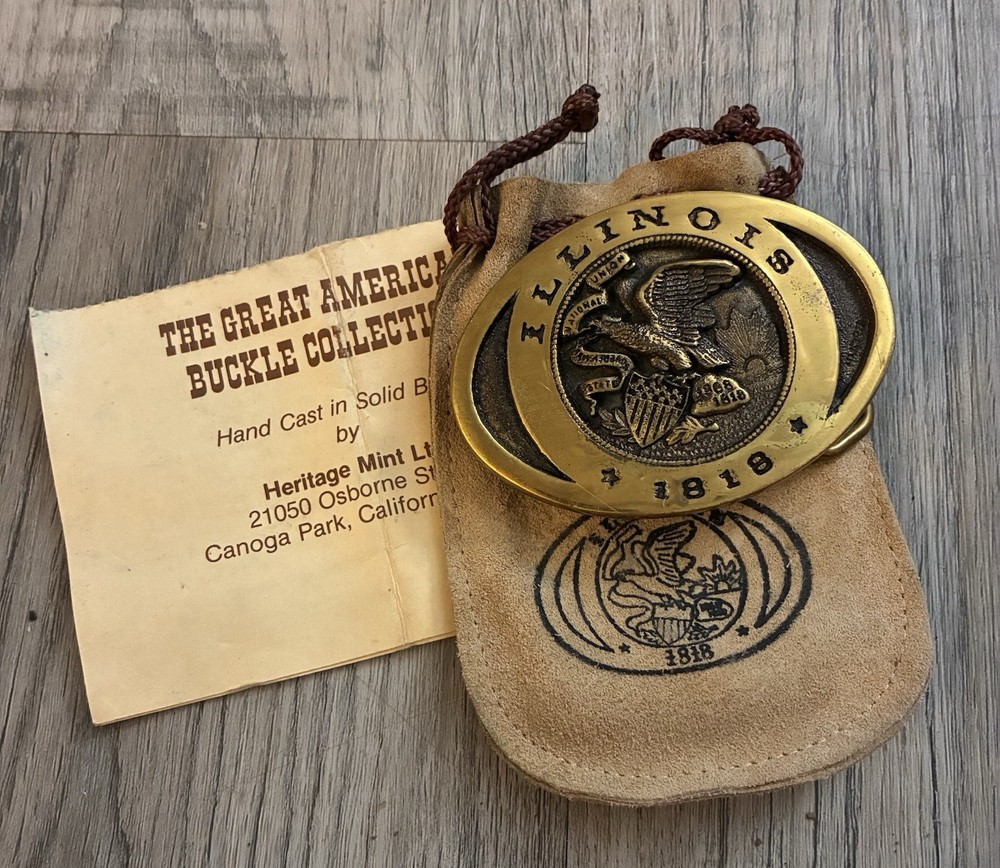 Heritage Mint Illinois 1818 State Seal Gold Brass Belt Buckle 1.5in Handmade