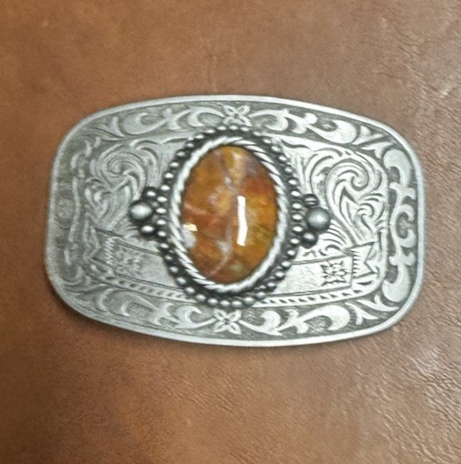 Boho Western Belt Buckle Jasper Stone Silver Tone Engraved Vintage- Rodeo
