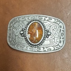 Boho Western Belt Buckle Jasper Stone Silver Tone Engraved Vintage- Rodeo