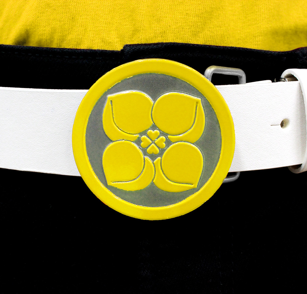Yellow Silver Buckle White Leather Belt Peach Four Leaf Clover Removable Japan