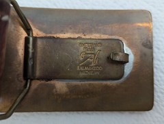 VTG Ampersand Brass Mixed Wood Belt Buckle Kalamazoo Michigan 1.5&Prime; Leather Strap