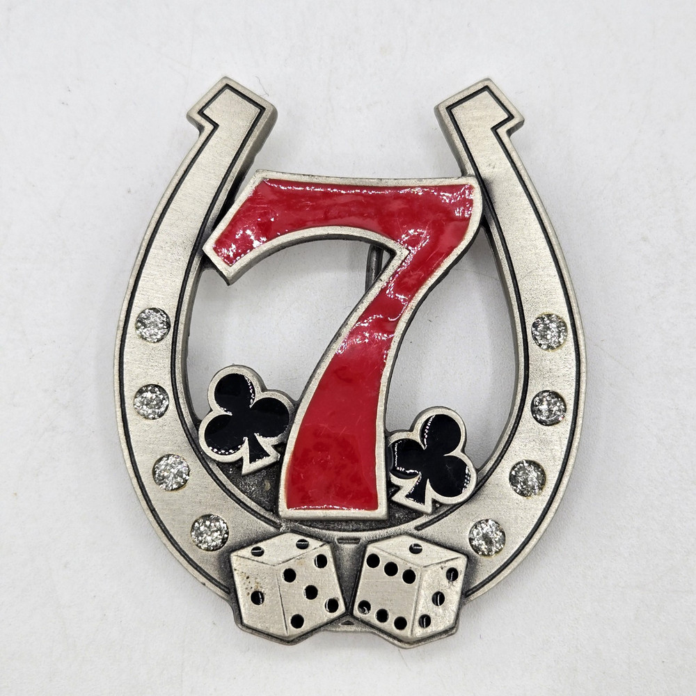 Pewter Belt Buckle Gamble Lucky 7 Horseshoe Dice Rhinestones Las Vegas
