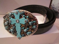 TONYA BOEZI BELT BUCKLE AND BELT – RELIGIOUS CROSS DESIGN CRYSTALS 43&Prime; LONG BELT