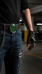 Men Women Trucker Silver Metal Buckle Gothic Fashion Green Skeleton Biker Skulls