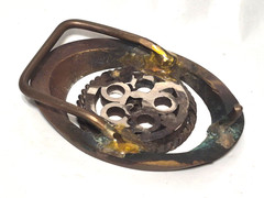 Vtg Handcrafted Silver Tone & Brass Oval Openwork Geometric Circle Belt Buckle