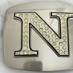 Rhinestone Studded N Letter Initial Monogram Silver Tone Belt Buckle