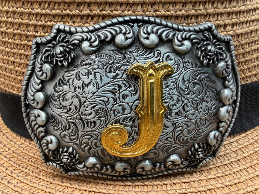 Antiqued Silver Gold Initial J Rectangle Western Cowboy Floral Vine Belt Buckle