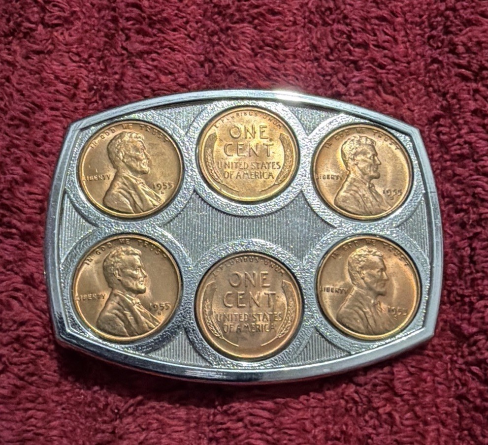 Belt Buckle with Embedded Lincoln One Cent Pennies, Silver Tone Plate Buckle