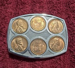 Belt Buckle with Embedded Lincoln One Cent Pennies, Silver Tone Plate Buckle