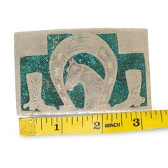 Vintage Mexico Alpaca Silver Turquoise Chip Inlay Horse Horseshoe Boots Buckle