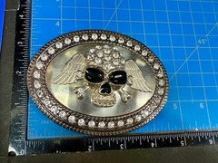 Skull Wings Crossbones with Clear Rhinestone Halloween Gothic LARGE Belt Buckle
