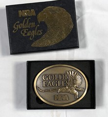 2 NRA National Rifle Association Brass Belt Buckles Golden Eagles in Boxes
