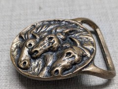 1970s vintage SOLID BRASS belt buckle PHAROHS HORSES western TECH ETHER GUILD