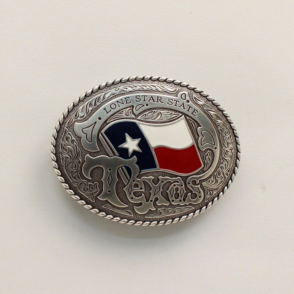 TEXAS ~Silver Western Belt Buckle~ Red, White, Blue FLAG State OVAL 37593