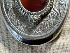 Vintage Style Western Silver Tone Belt Buckle Red Cabochon Stone Engraved Oval