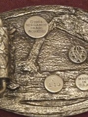 VTG Belt Buckle BARN 1984 Bergamot Brass Works Pewter Farming T 149 Made in USA