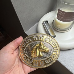Men&rsquo;s Western Oval Belt Buckle Gold Silver Horse Head Greek Key 1.5 in