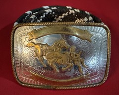 Vintage Nickel Silver Brass Rodeo Calf Roping Cowboy Western Trophy Belt Buckle
