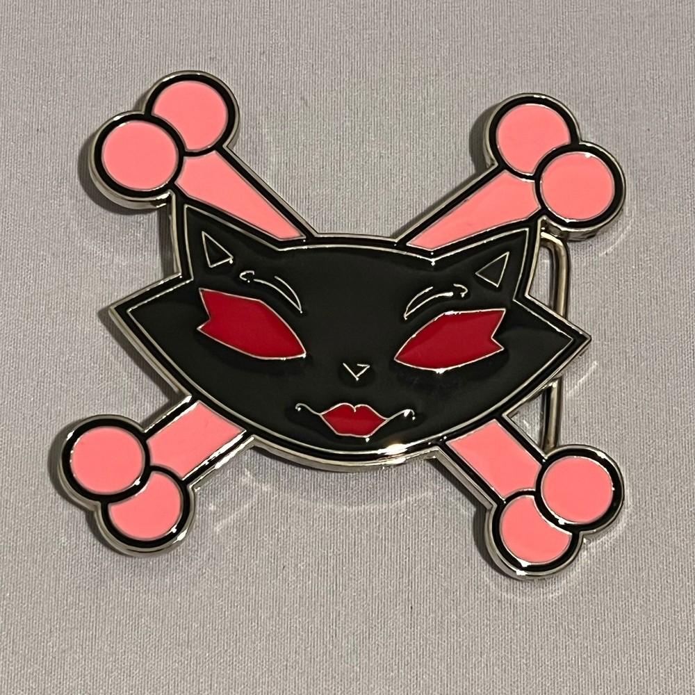 Belt Buckle Cat Skull Crossbones Metal Enamel Black Pink Red 2.5in Gothic Punk