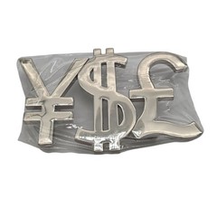 Chrome Currency Symbols Belt Buckle Dollar Pound & Yen Signs Metal Finish 4x2in