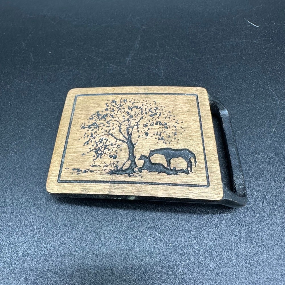 Vintage Teck-Ether Guild Brass Belt Buckle Two Horses Resting Tree Scene Cowboy