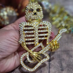 Skeleton Playing Guitar Belt Buckle Rhinestone Studded Gold Tone 4.5x 3.5 inches