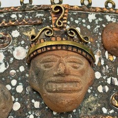 Vintage Maya Mexico Brutalist Mixed Metal Belt Buckle Clay Mask Enamel Folk Art