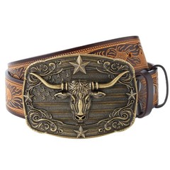 Evbopa Western Leather Belts for Men 33&Prime;-36&Prime;, Bronze Bull Buckle/Brown Belt