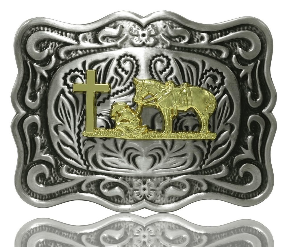 Belt Buckle With Religion Cross Cowboy Kneeling Prayer And Horse Design