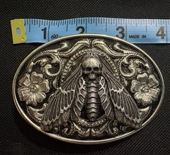 Western Skull Floral Engraved Silver Metal Oval Belt Buckle Fits 1.5in Belt