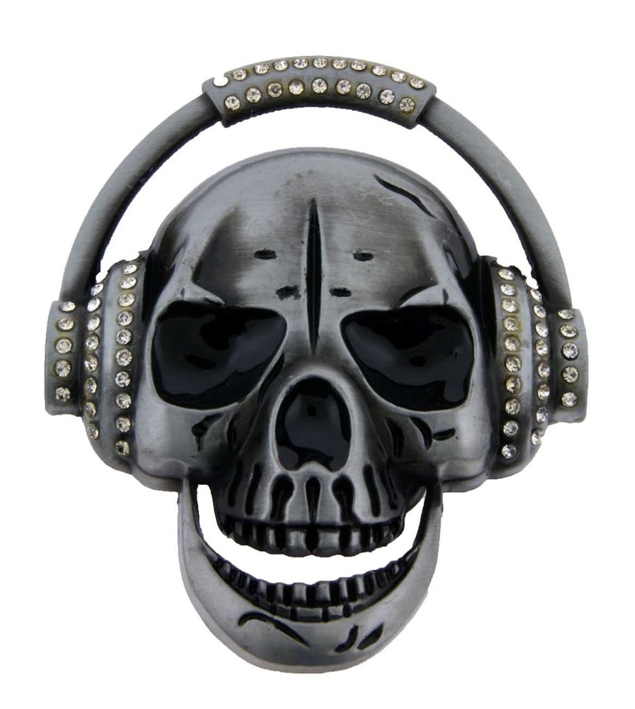 Mens Belt Buckles Skull Head Phone Some Rhinestones Music Hip Gothic DJ Bikers.