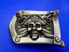 Pirate Skull Crossbones with Crossed Swords 3D Raised Silver Tone Belt Buckle