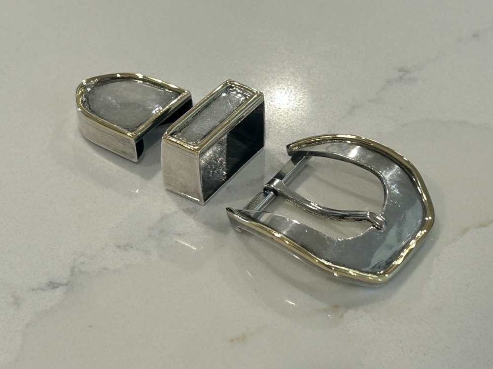 PAT AREIAS 925 Sterling & 18k Yellow Gold Modernist 3 Pc Belt Buckle Set