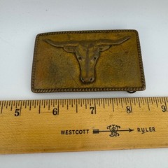 Vintage Megan Belt Buckle Brass/Gold Tone Western Longhorn Steer Rope Edge